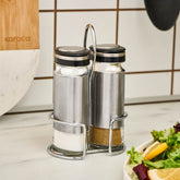 Karaca Stellum Salz- und Pfefferstreuer-Set aus Glas mit Stand, Creme/Inox, 3-teilig