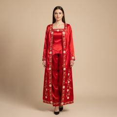 Bindalli traditionnel pour soirée au henné, couleur rouge – satin avec broderies dorées