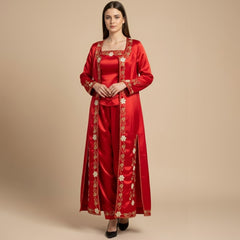Bindalli traditionnel pour soirée au henné, couleur rouge – satin avec broderies dorées