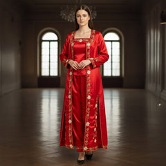 Bindalli traditionnel pour soirée au henné, couleur rouge – satin avec broderies dorées