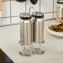 Karaca Stellum Öl- und Essigflaschen-Set aus Acryl, Creme/Inox, 3-teilig, 220 ml