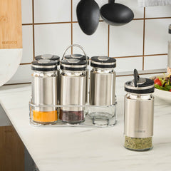 Karaca Stellum Gewürzglas-Set mit Halterung aus Glas, Creme/Inox, 6 × 100 ml