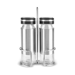 Karaca Stellum Salz- und Pfefferstreuer-Set aus Glas mit Stand, Creme/Inox, 3-teilig