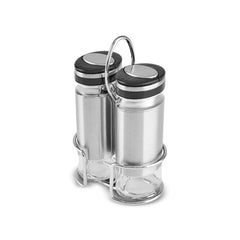 Karaca Stellum Salz- und Pfefferstreuer-Set aus Glas mit Stand, Creme/Inox, 3-teilig