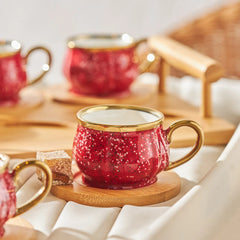 Karaca Bambus Rot Espressotassen-Set für 6 Personen mit Bambustablett, 13-teilig, 90 ml