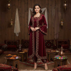 Elegantes Samt Kına-Abendkleid in Bordeaux mit Goldstickerei – Traditionelles Türkisches Bindallı