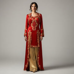 Elegantes Kına-Gecesi-Bindalli – Rot mit goldener Stickerei und Satinhose