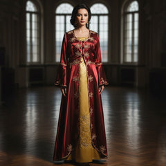 Elegantes Kına-Gecesi-Bindalli – Bordeauxrot mit goldener Stickerei und Satinunterkleid