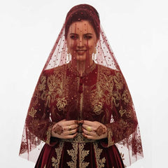 Bordeaux Bindallı Duvak – Traditioneller Henna-Schleier mit goldfarbenem Glitzerdruck
